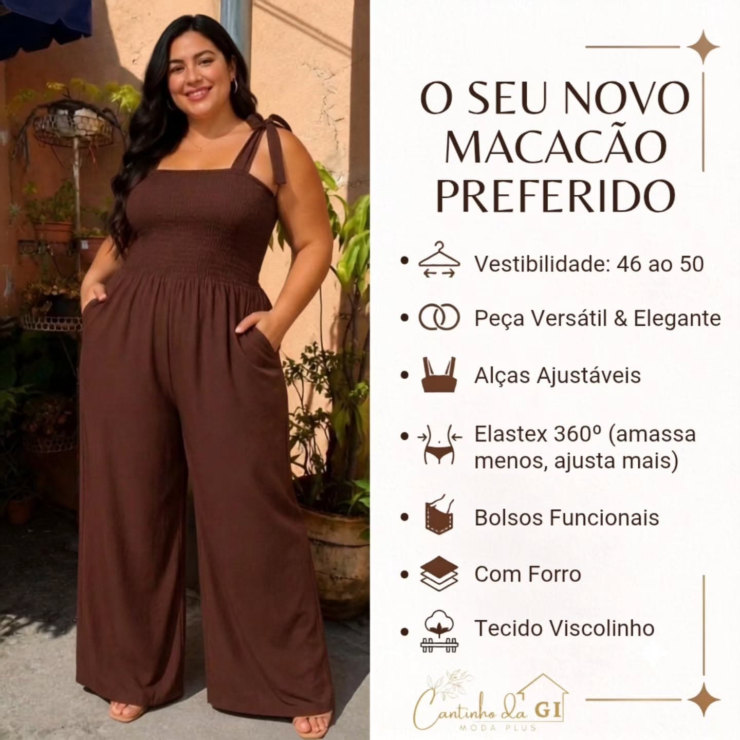 O seu novo macacão preferido: vestibilidade 46 ao 50, alças ajustáveis, bolsos e forro