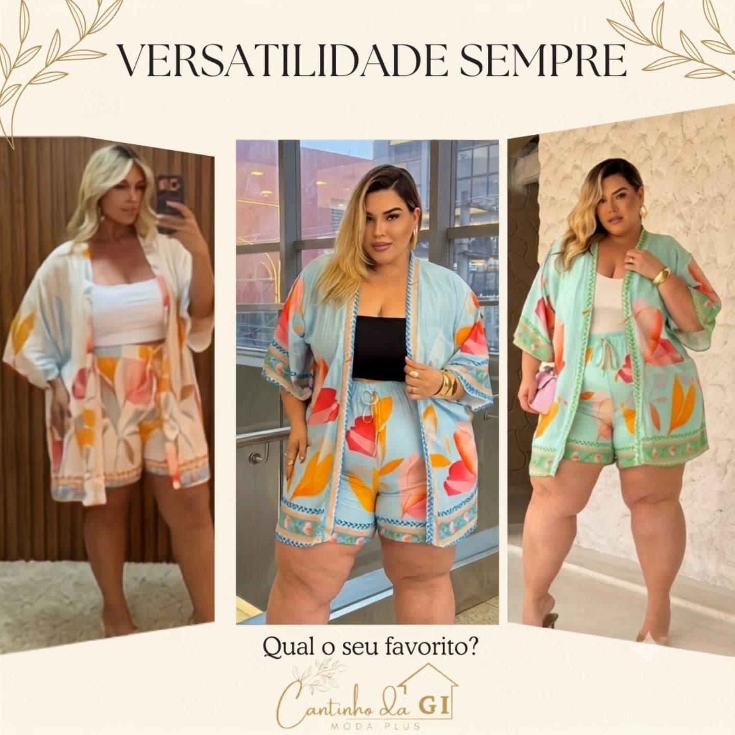 Versatilidade sempre: três conjuntos estampados de kimono e short